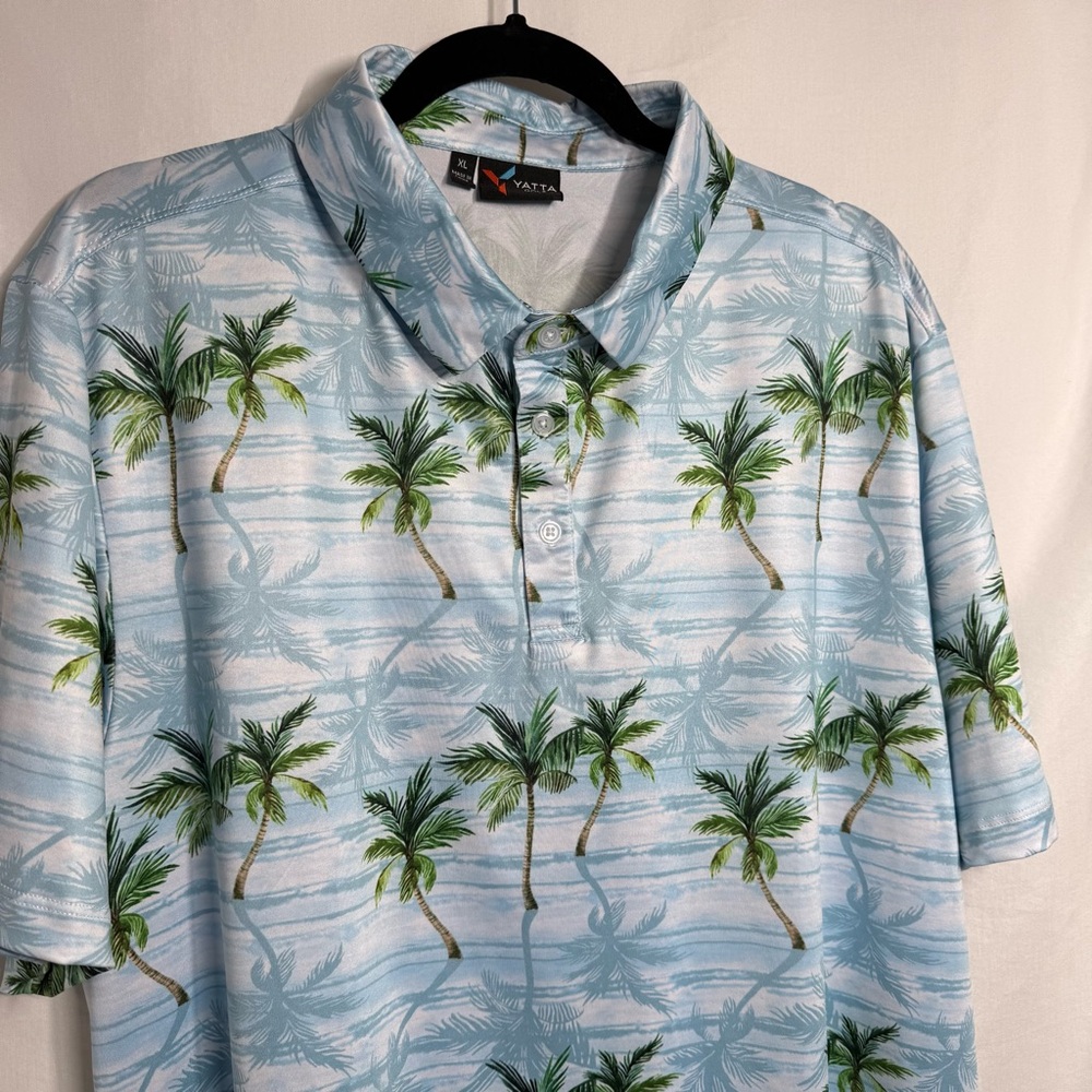 Yatta Golf Performance Polo - Men's Shirt - Palm Tree Print - Blue and Green